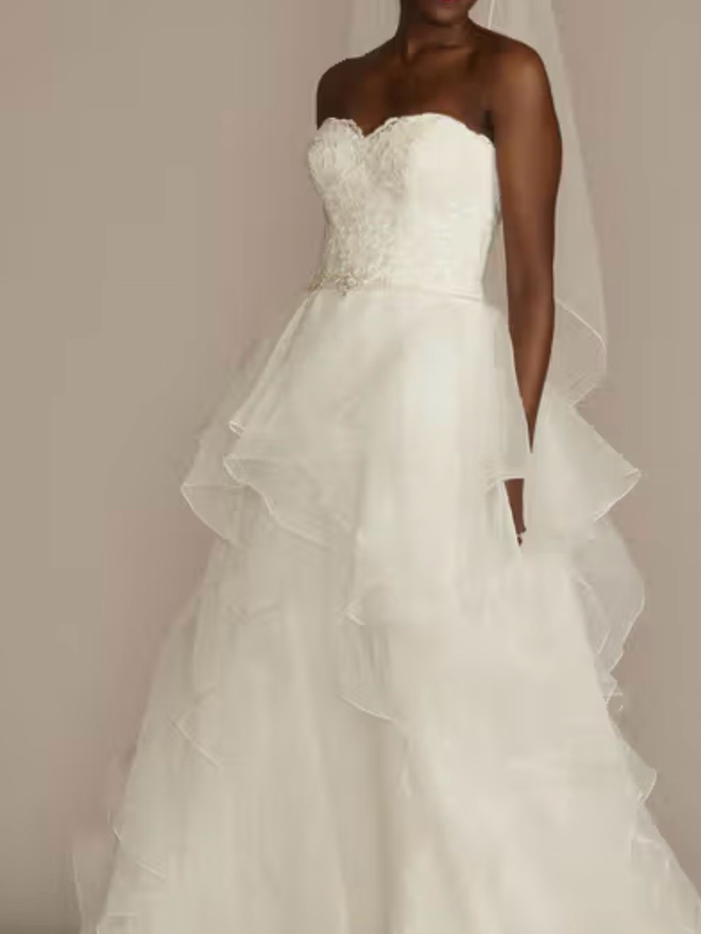 David's Bridal Ivory Strapless Lace & Organza Ruffled Wedding Gown